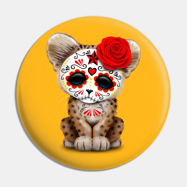 Red Day of the Dead Sugar Skull Leopard Cub Pin by jeffbartels