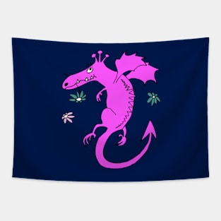 cute happy dragon in pink with flowers Tapestry