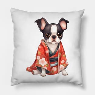 Watercolor Boston Terrier Dog in Kimono Pillow