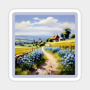 Village and blue flowers Magnet