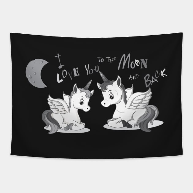 I love you to the moon and back licorn NB - I love you to the moon unicorn black white Tapestry by Arzeglup