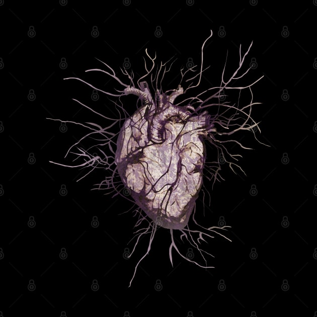 Human heart and veins, arteries, blood, illustration art, dark, purple roses by Collagedream
