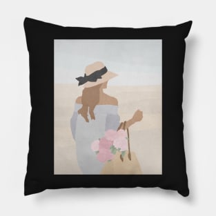 Girl with flowers, Hat, Boho style art, Mid century art Pillow