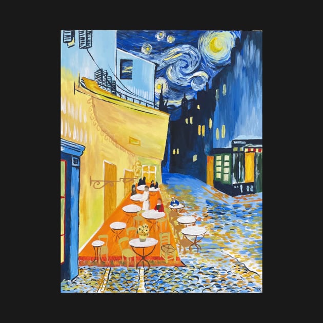 A Combination of Van Gogh's Pieces into a Cafe Terrace at Night by vickykuprewicz