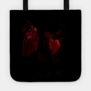 Portrait, collage, special processing. Man, dark costume, long hair, looking down. On left demon of gold. Red. Tote