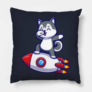 Cute Husky Dog Dabbing On Rocket Cartoon Pillow