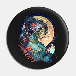 Psychedelic Cyberpunk Art Nouveau Japanese Female Ninja Samurai Pin