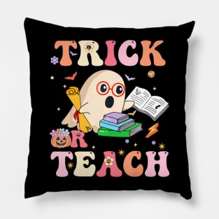 Trick Or Teach Groovy Retro Ghost Teacher Halloween 2022 Pillow