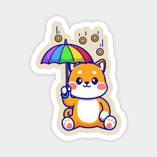 Cute Shiba Inu Dog With Umbrella In Gold Coin Rain Cartoon Magnet