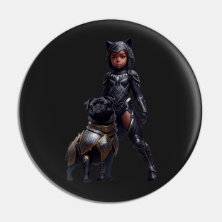 Black Pug Puppy in Gold Armor and Heroic African Princess Pin