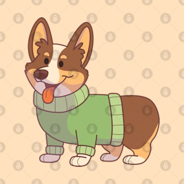 Tricolor corgi wearing a green sweater by Vaigerika