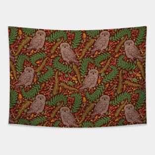 Brown owls amoung mashroom green fern and red berries Tapestry