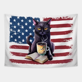 Black cat reading books 4th of july vintage Tapestry