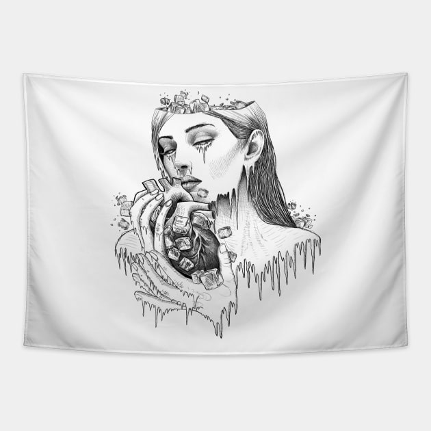 Frost illustration of woman holding ice heart. Tapestry by ilhnklv