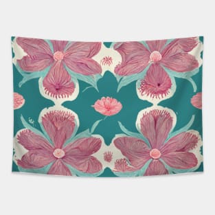 Vintage looking wallpaper with large turquoise and pink flowers. Tapestry