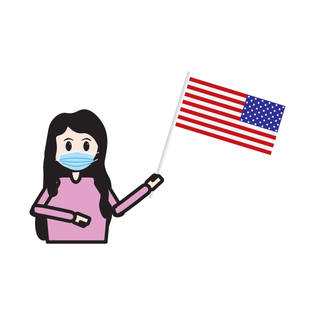 Girl with face mask holding the USA flag by sigdesign