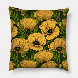 Yellow poppy garden on dark green Pillow