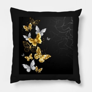 Gold and White Butterflies on black background Pillow