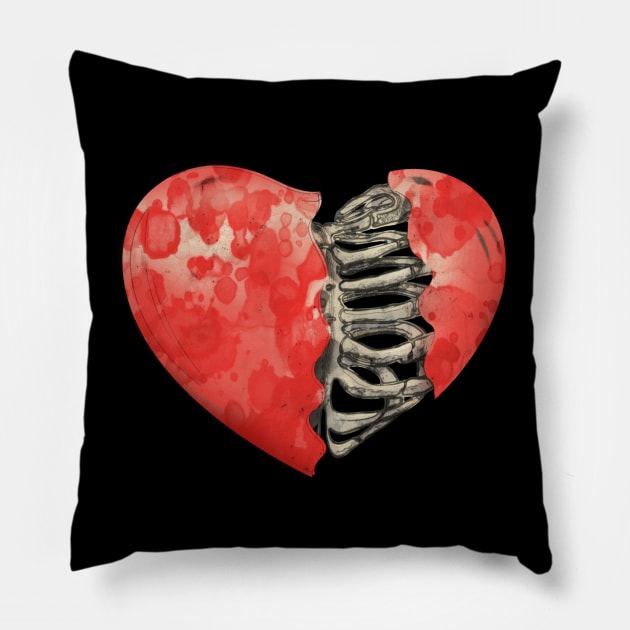 Skeleton rib heart, Broken, heart, watercolor design rib heart Pillow by Collagedream