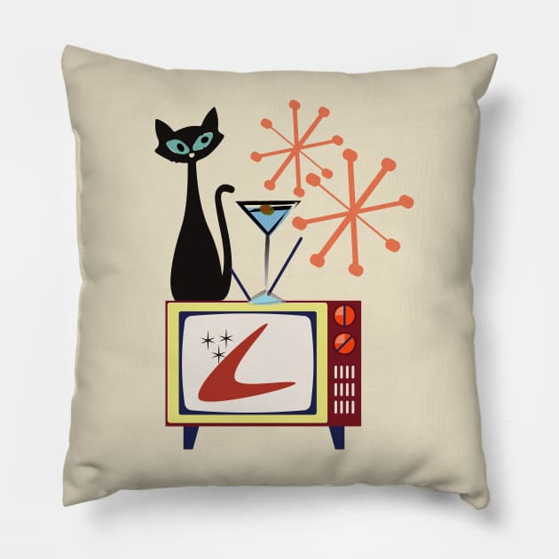 Retro Kitty Sitting on a Vintage Telly Pillow by Lisa Williams Design