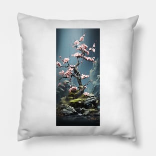bonsai tree blossoming with pink flowers near waterfall Pillow