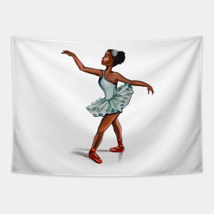 Ballerina in blue green dress and in red shoes - ballerina doing pirouette in red tutu and red shoes  - brown skin ballerina Tapestry