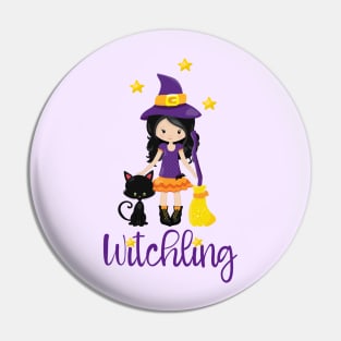 Witchling Design Young Witch Black Cat Halloween Wicca Pin