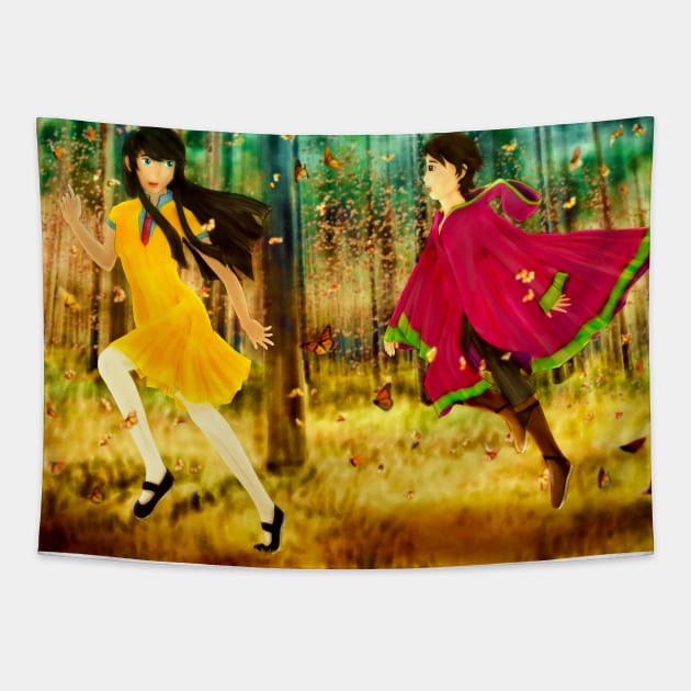 Maanen and Vega chasing monarch butterflies Tapestry by lunam