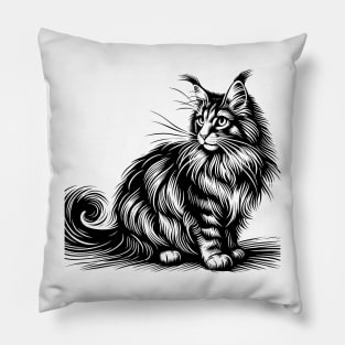 Stick figure of Maine Coon cat in black ink Pillow