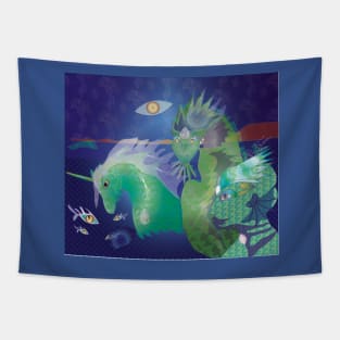 Unicorn and friends in the sea in the full moon Tapestry