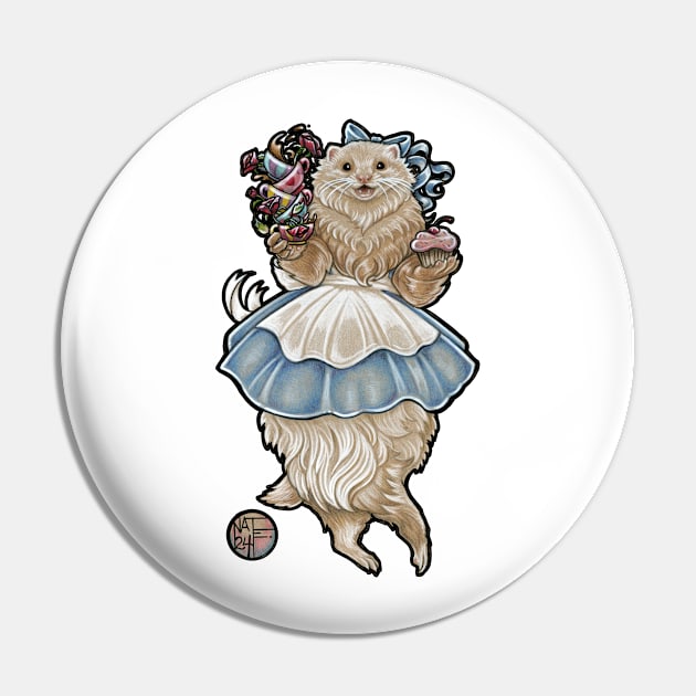 Ferret Alice In Wonderland With Tea Cups - Black Outlined Version Pin by Nat Ewert Art