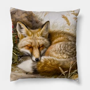 Fox Sleeping Vintage Illustration Pillow