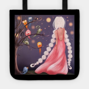 A girl who patronizes birds and wears two white braids. Tote