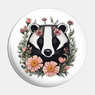 Badger head and flowers Pin