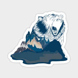 Bear Roaring in Blue Mountain Landscape | Gift Idea for Travelers who love Hiking or Camping | Wanderlust Magnet