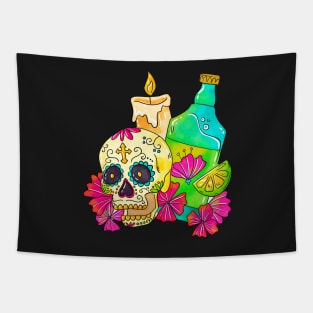 Sugar Skull With Candle And Tequila Tapestry