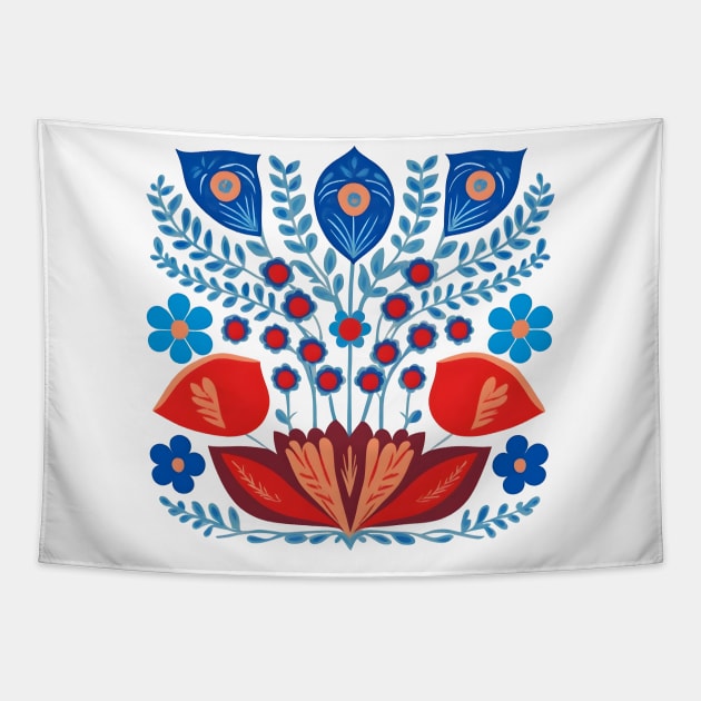 Blue and red floral scandinavian folk art Tapestry by craftydesigns