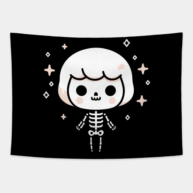 Cute Skeleton Girl with Short Hair | Kawaii Skeleton Design | Cute Halloween Tapestry by Nora Liak