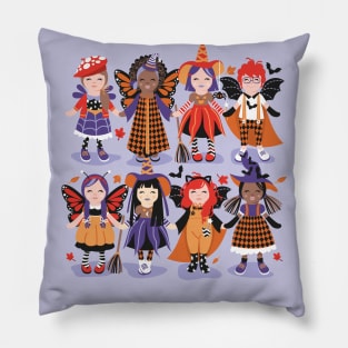 Witches dance // spot illustration // lilac background red orange and purple halloween fantasy costumes Pillow