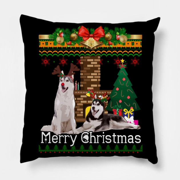 Ugly Christmas Sweater SIBERIAN HUSKY Pillow by LaurieAndrew