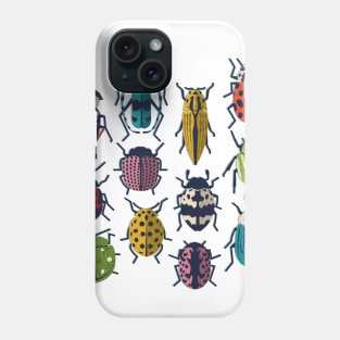 These don't bug me // spot // white background green yellow neon red orange pink blue and black and ivory retro paper cut beetles and insects Phone Case