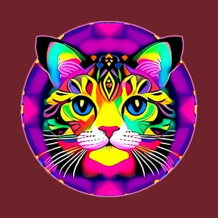 Stunning Colorful Magic Hippie Cat Portrait Inside The Round Mandala T-Shirt