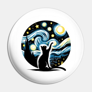 Starry Night Sky Black Cat Silhouette, Van Gogh, Artistic Pin