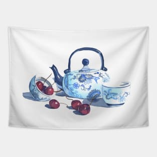 Chinese teapot with cherries - watercolors Tapestry