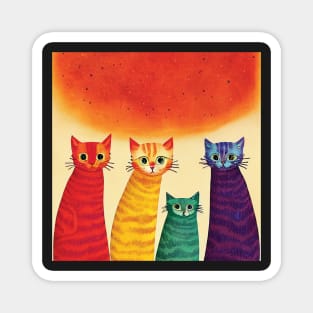 Four Quirky Multicoloured Cats Print. Purple, Red Yellow and Green Magnet