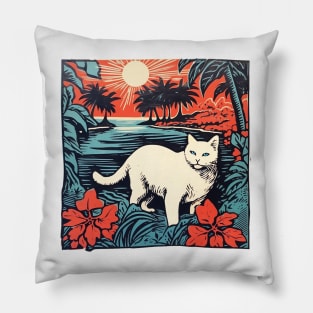 Hawaiian Linocut Cat Pillow