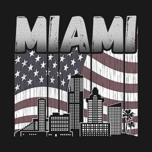 Miami Florida Skyline Vintage American Flag T-Shirt