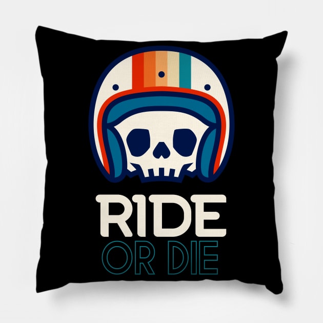 Biker Skull Retro Motorcycle Pillow by Foxxy Merch