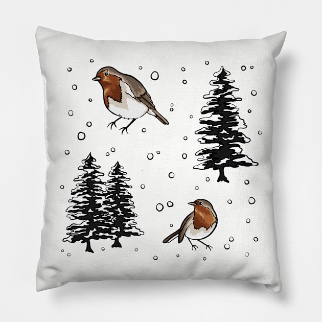 Robin and Snow Covered Trees Pattern Digital Illustration Pillow by AlmightyClaire