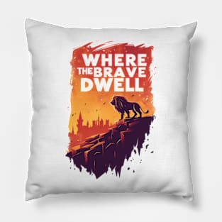 Where the Brave Dwell - Lion on a Hill - Red Backdrop - Fantasy Pillow